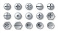 Realistic screws. Metal bolt head and steel rivets with washers and nuts. Vector top view of round and hexagonal screws