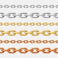 Realistic seamless golden, silver and bronze chains on checkered background. Metal chain with shiny gold plated links Royalty Free Stock Photo