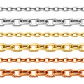 Realistic seamless golden, silver and bronze chains isolated on white background. Metal chain with shiny gold plated Royalty Free Stock Photo