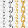 Realistic seamless golden and silver chains on checkered background. Metal chain with shiny gold plated links. Vector Royalty Free Stock Photo