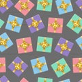 Realistic seamless pattern. Gift multi-colored boxes tied with a gold ribbon and a bow in the form of a flower.