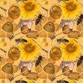 Realistic seamless pattern of honey bees, honey cans, beehive, sunflower, honeycomb and honey spoon. Watercolor Royalty Free Stock Photo