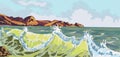 Realistic seascape. Mountain Beach in the storm. Summer background - Vector