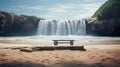 Realistic Seascapes: A Bench In Front Of A Lively Waterfall