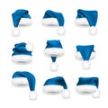 Realistic set of Blue Santa Claus hats isolated on white background. Gradient mesh Santa Claus cap with fur. Vector illustration Royalty Free Stock Photo