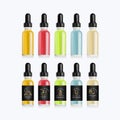 Realistic bottles mock up with tastes for an electronic cigarette with different fruit flavors. Dropper bottle with