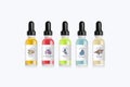 Realistic set bottles mock up with tastes for an electronic cigarette with different fruit flavors. Dropper bottle with