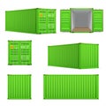 Realistic set of bright green cargo containers. Front, side back and perspective view