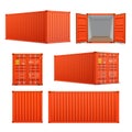 Realistic set of bright red cargo containers. Front, side back and perspective view. Open and closed