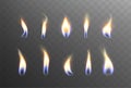 Realistic set of candle fire flame lights, glowing flares