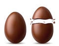 Realistic set of chocolate eggs. Broken, torn eggshell, two halves and a whole chicken egg Royalty Free Stock Photo