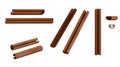 Realistic set of cinnamon sticks, 3d render. Flying cinnamon sticks in different angles, isolated on a white background Royalty Free Stock Photo