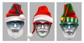 Realistic set of comic avatars of trendy santa claus hipsters. Stylish Santa men in sunglasses.