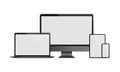 Realistic set of computer monitor, laptop, tablet, smartphone illustration. With transparent blank display. Vector EPS 10. Royalty Free Stock Photo