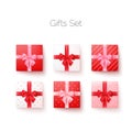 Realistic set of gift boxes with silk bows top view. Square and heart shape boxes. Vector