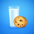 Realistic set of glass of milk and baked oatmeal cookies