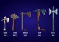 Realistic set of historical fighting axes: bone, stone, bronze, iron, steel.