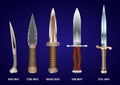 Realistic set of historical fighting knives: bone, stone, bronze, iron, steel