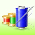 Realistic set of multi-colored spools of thread with a needle on a white background