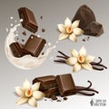 Realistic set of natural vanilla flowers and sticks, chocolate slices and crumbs in a milk or yogurt splash, 3d vector Royalty Free Stock Photo