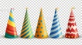 This is a realistic set of party hats with dots, stripes, zigzags on a transparent background. Modern illustration of