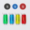 Realistic set of plastic bobbins, spools with colored thread isolated on background. Equipment for sewing, tailoring, accessory