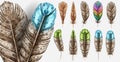 Realistic set with small and big multicolored bird feathers isolated on transparent background vector illustration Royalty Free Stock Photo