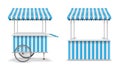 Realistic set of street food kiosk and cart with wheels. Mobile blue market stall template. Farmer kiosk shop mockup