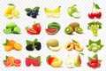 Realistic set of various kinds of fruits with orange, kiwi, pear, lemon, grapes, strawberries, currants, peach, lime, grapefruit, Royalty Free Stock Photo