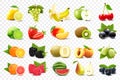 Realistic set of various kinds of fruits with orange, kiwi, pear, lemon, grapes, strawberries, currants, peach, lime, grapefruit, Royalty Free Stock Photo