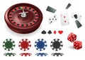 The realistic set of vector casino elements or icons including roulette wheel, playing cards, chips, dice and more Royalty Free Stock Photo