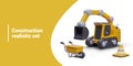 Realistic set of vector objects for construction. Excavator, wheelbarrow, signal cone