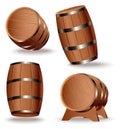 Realistic set of wooden barrels. Isolated oak casks with timber body and iron rings on white background. Vector Royalty Free Stock Photo