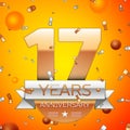 Realistic Seventeen Years Anniversary Celebration design banner. Gold numbers and silver ribbon, balloons, confetti on