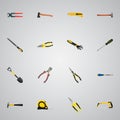 Realistic Sharpener, Wrench, Arm-Saw And Other Vector Elements. Set Of Instruments Realistic Symbols Also Includes
