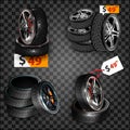 Realistic shining disk car wheel tyre set isolated. Auto garage wheels disk montage and installation winter tires replacement serv Royalty Free Stock Photo