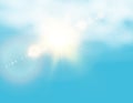 Realistic shining sun with lens flare. Blue sky with clouds background. Vector illustration Royalty Free Stock Photo