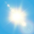 Realistic shining sun with lens flare. Blue sky with clouds background. Vector illustration Royalty Free Stock Photo