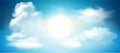 Realistic shining sun with lens flare. Blue sky with clouds background. Vector illustration Royalty Free Stock Photo