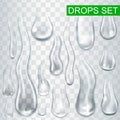 Realistic shining water drops and drips on transparent background vector