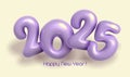 Realistic shiny 3D purple numbers 2025 on light background.