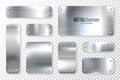 Realistic shiny metal banners set. Brushed steel plate. Polished silver metal surface. Vector illustration. Royalty Free Stock Photo