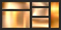 Realistic shiny metal banners set. Brushed steel plate with screws. Polished copper metal surface. Vector illustration. Royalty Free Stock Photo