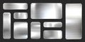 Realistic shiny metal banners set. Brushed steel plate with screws. Polished silver metal surface. Vector illustration. Royalty Free Stock Photo