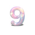 Realistic shiny number 9 nine for celebration design, bright holographic design, winter collection and modern technology font,