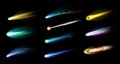 Realistic shooting star. 3D falling meteor trails. Comets flares. Fireball light. Meteorite burning atmosphere. Asteroid