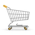 Realistic Shopping cart. Glossy metallic pushcart. Supermarket trolley. Real steel shop equipment. Side view shopping Royalty Free Stock Photo