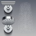 Realistic shower metal heads and trickles of water vector illustration isolated on transparent background