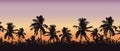 Realistic silhouette of tree tops, palm trees in tropical landscape, with morning orange-pink sky and with space for text, vector Royalty Free Stock Photo