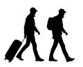 Realistic silhouette of walking man tourist with backpack